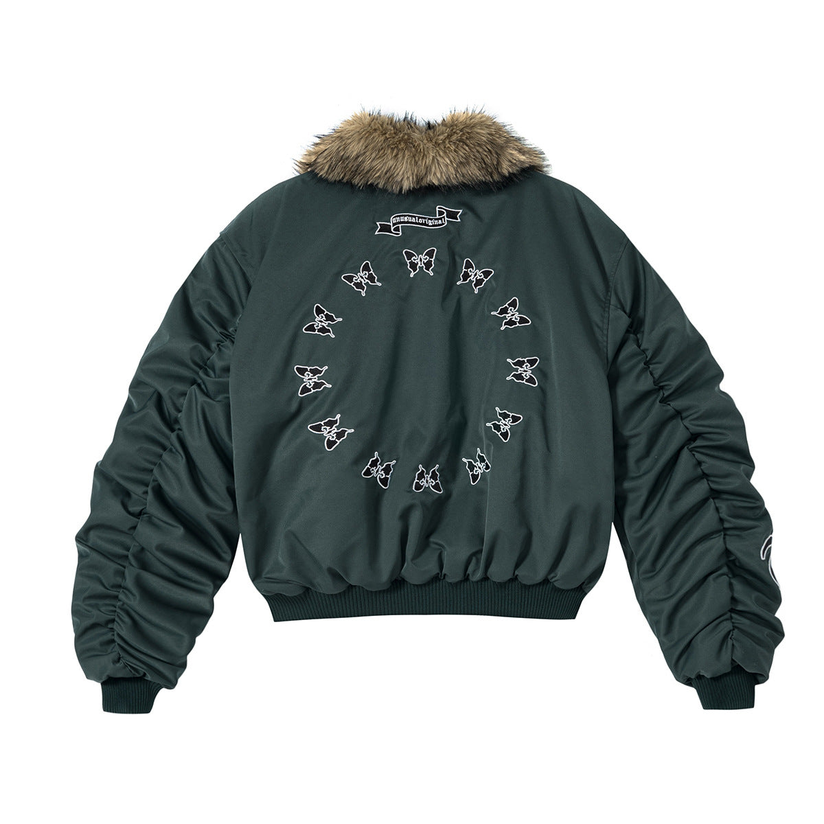 Herren-Schwarze-Pufferjacke mit Fellkragen – Bomberjacke mit Schmetterlingsstickerei