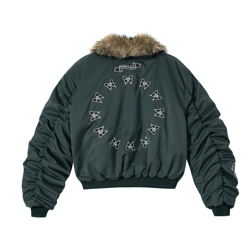 Herren-Schwarze-Pufferjacke mit Fellkragen – Bomberjacke mit Schmetterlingsstickerei