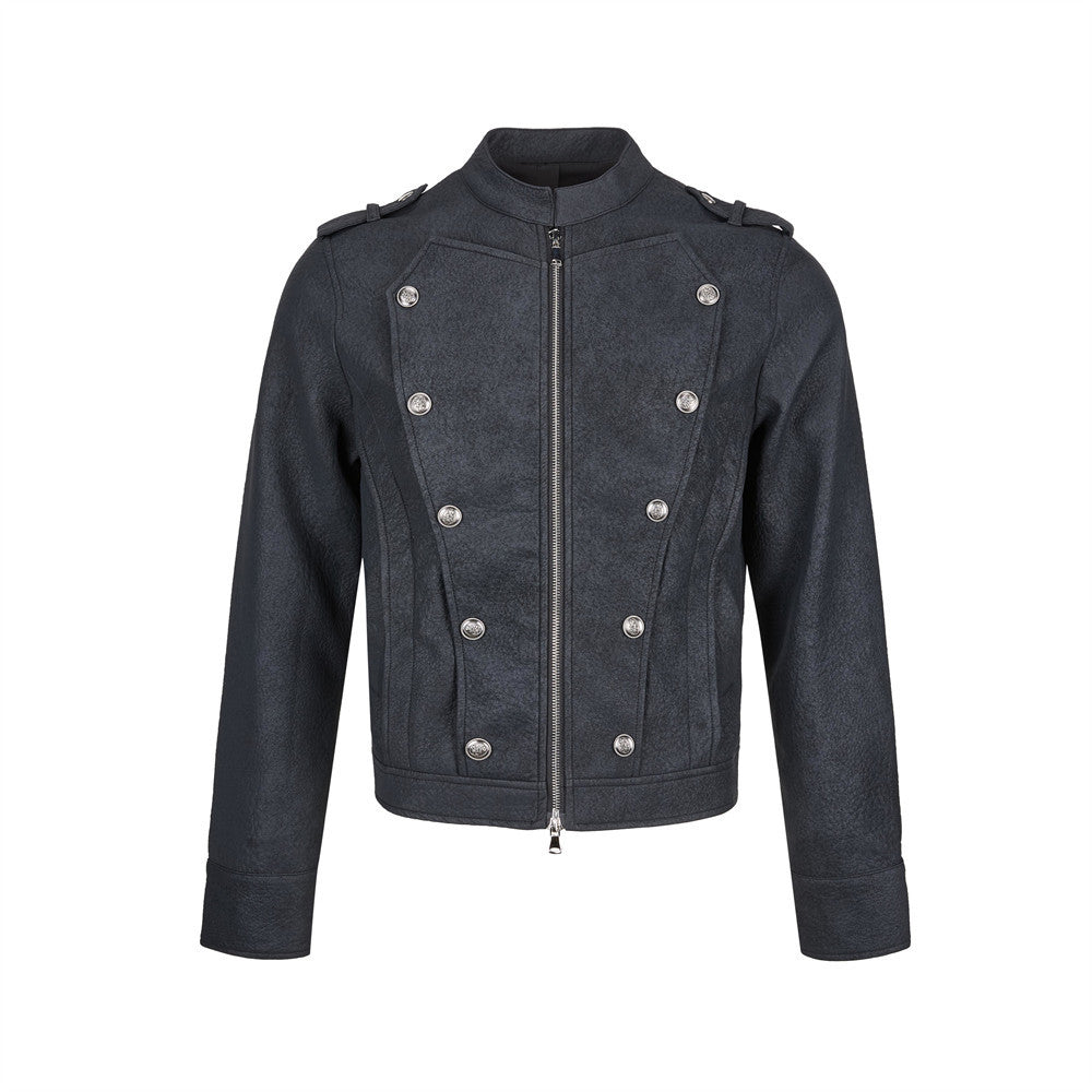 Men's Faux Leather Military Jacket – Double-Breasted Stand Collar Short Coat