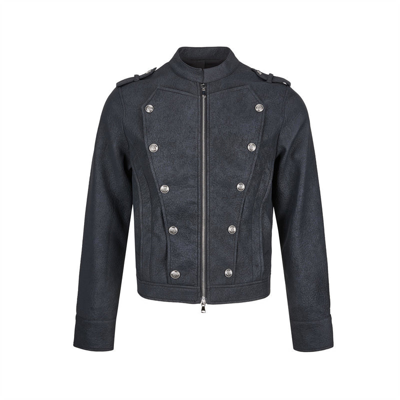 Men's Faux Leather Military Jacket – Double-Breasted Stand Collar Short Coat