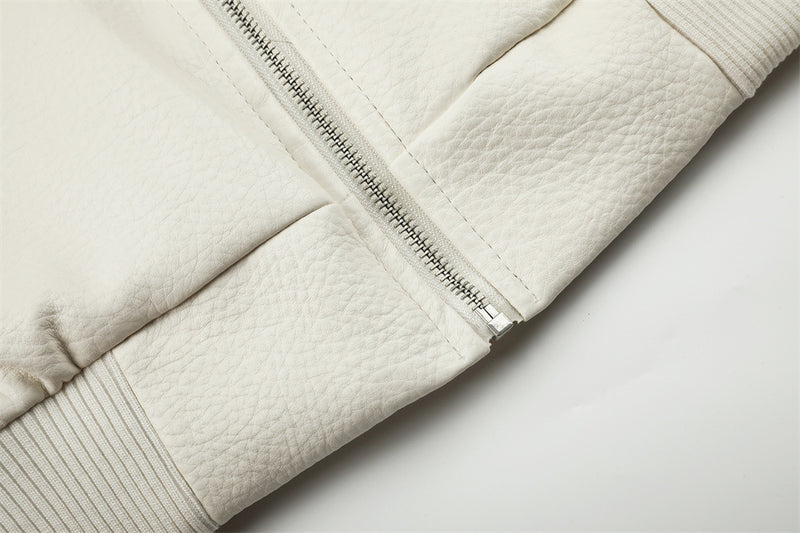 PU Leather Bomber Jacket with Faux Fur Collar & Buckle Strap Stand Neck