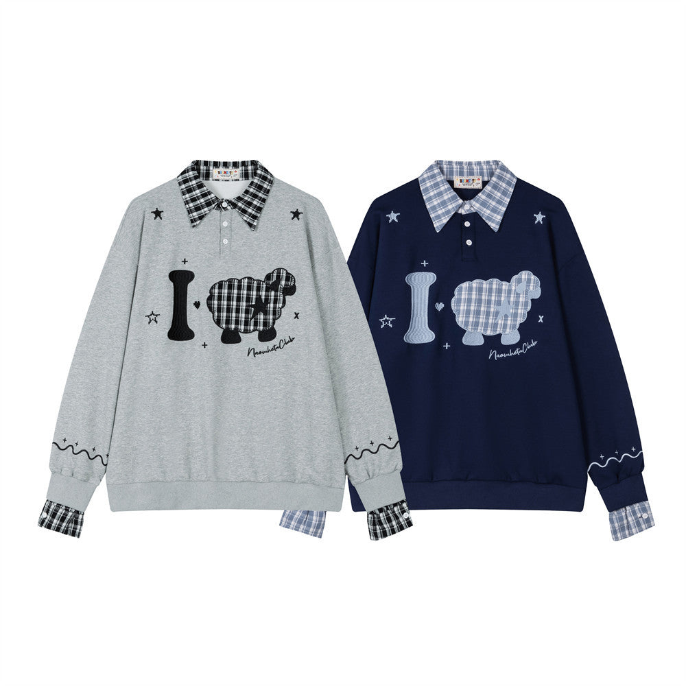 Layered-Look Plaid Collar Sweatshirt with Cartoon Sheep Appliqué