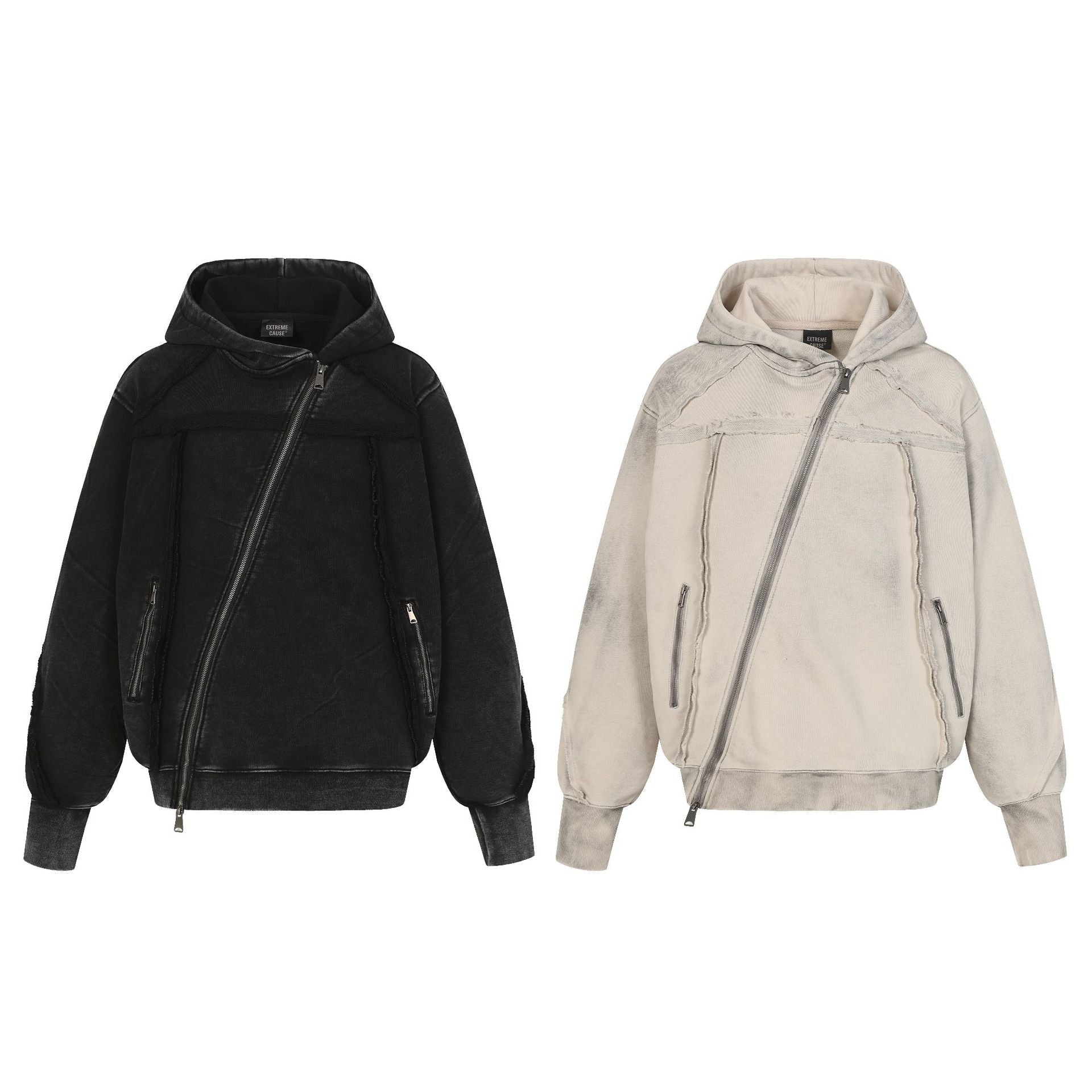 Deconstructed Asymmetric Zip Hoodie – Washed Oversized American Streetwear
