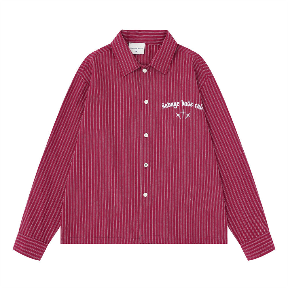 Striped Long Sleeve Shirt – Gothic Letter Embroidery, Relaxed Fit