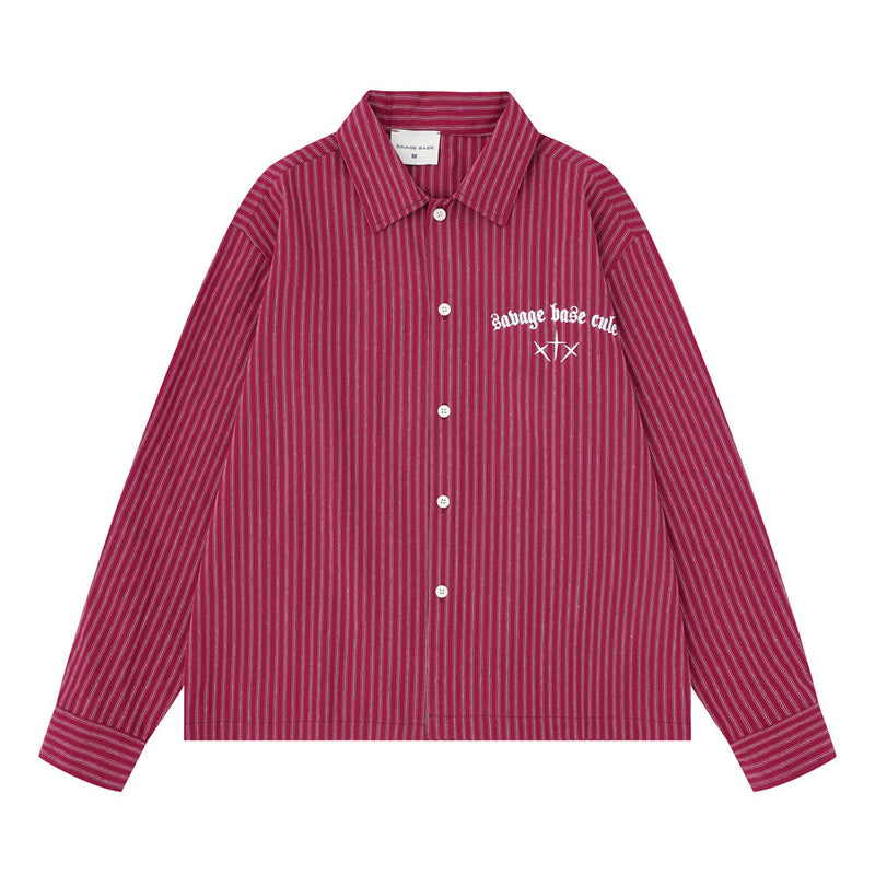 Striped Long Sleeve Shirt – Gothic Letter Embroidery, Relaxed Fit