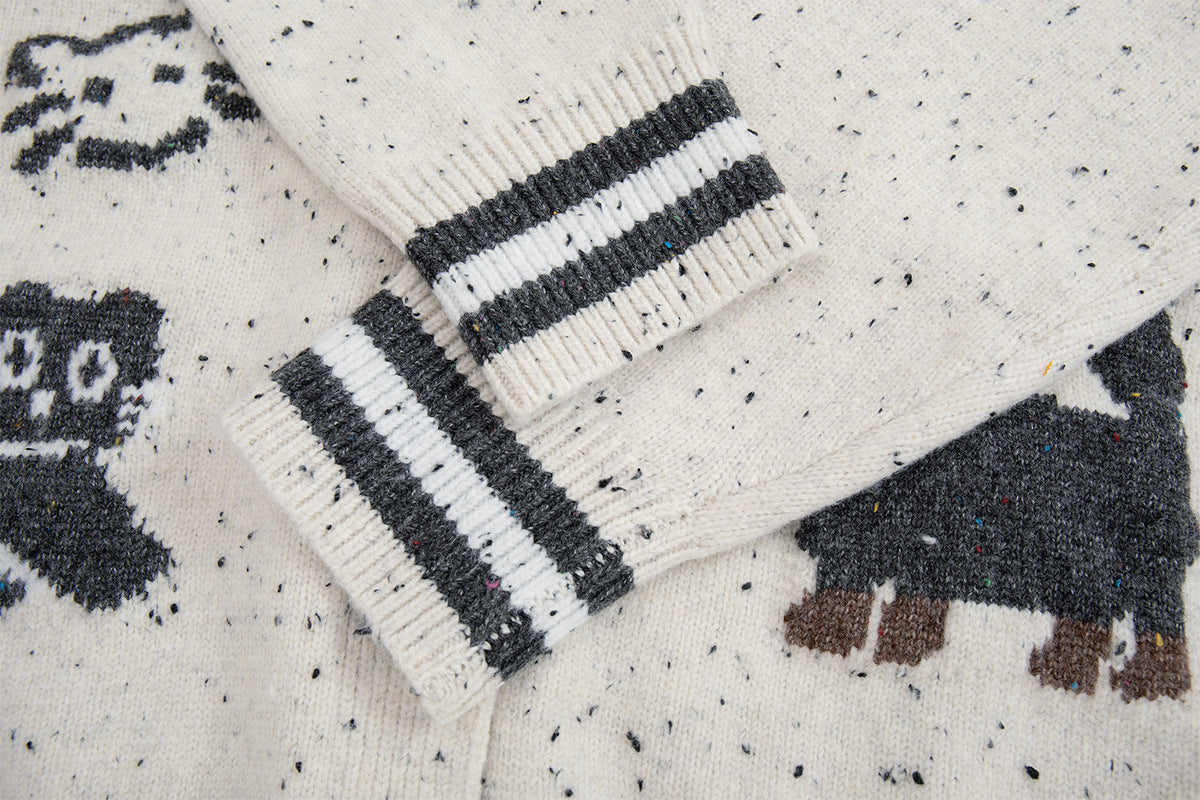 Cartoon Cat Jacquard Knit Cardigan Sweater – Varsity-Trim Button-Up