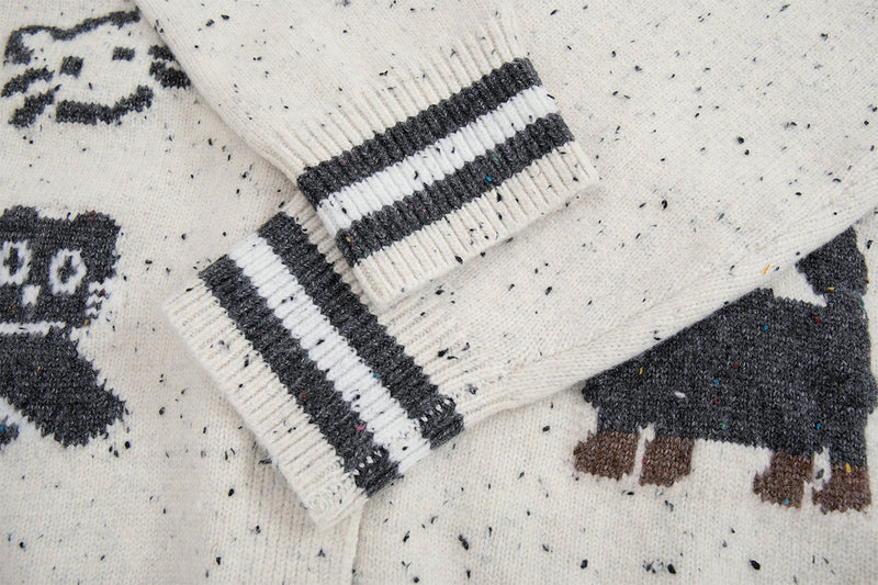 Cartoon Cat Jacquard Knit Cardigan Sweater – Varsity-Trim Button-Up