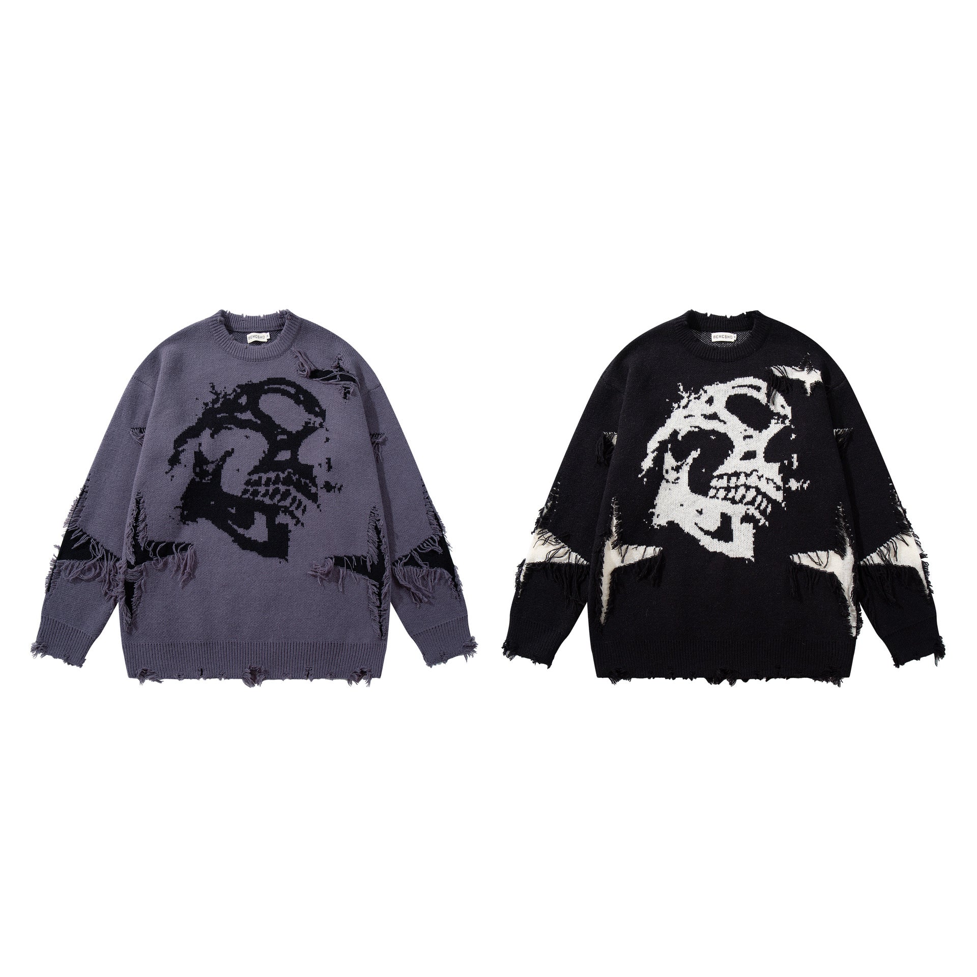 Men's Skull Jacquard Distressed Knit Sweater – Oversized Crewneck