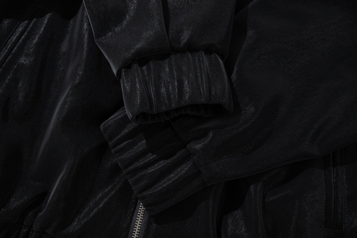 Oversized Black Leather Jacket Faux PU Bomber with High Collar