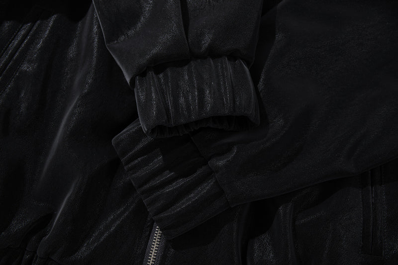 Oversized Black Leather Jacket Faux PU Bomber with High Collar