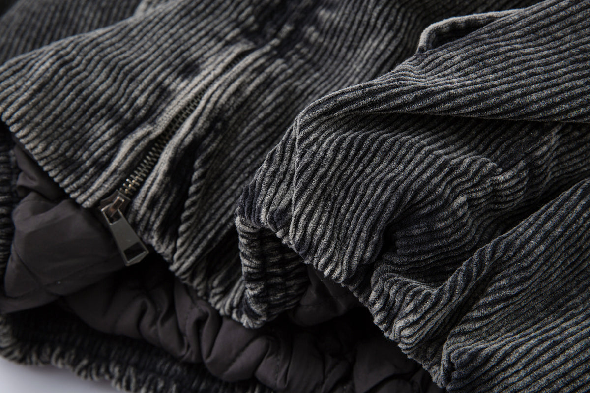 Corduroy Padded Jacket with Faux Fur Hood – Oversized Washed Winter Coat