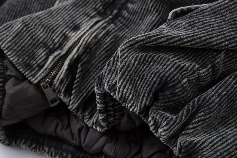 Corduroy Padded Jacket with Faux Fur Hood – Oversized Washed Winter Coat
