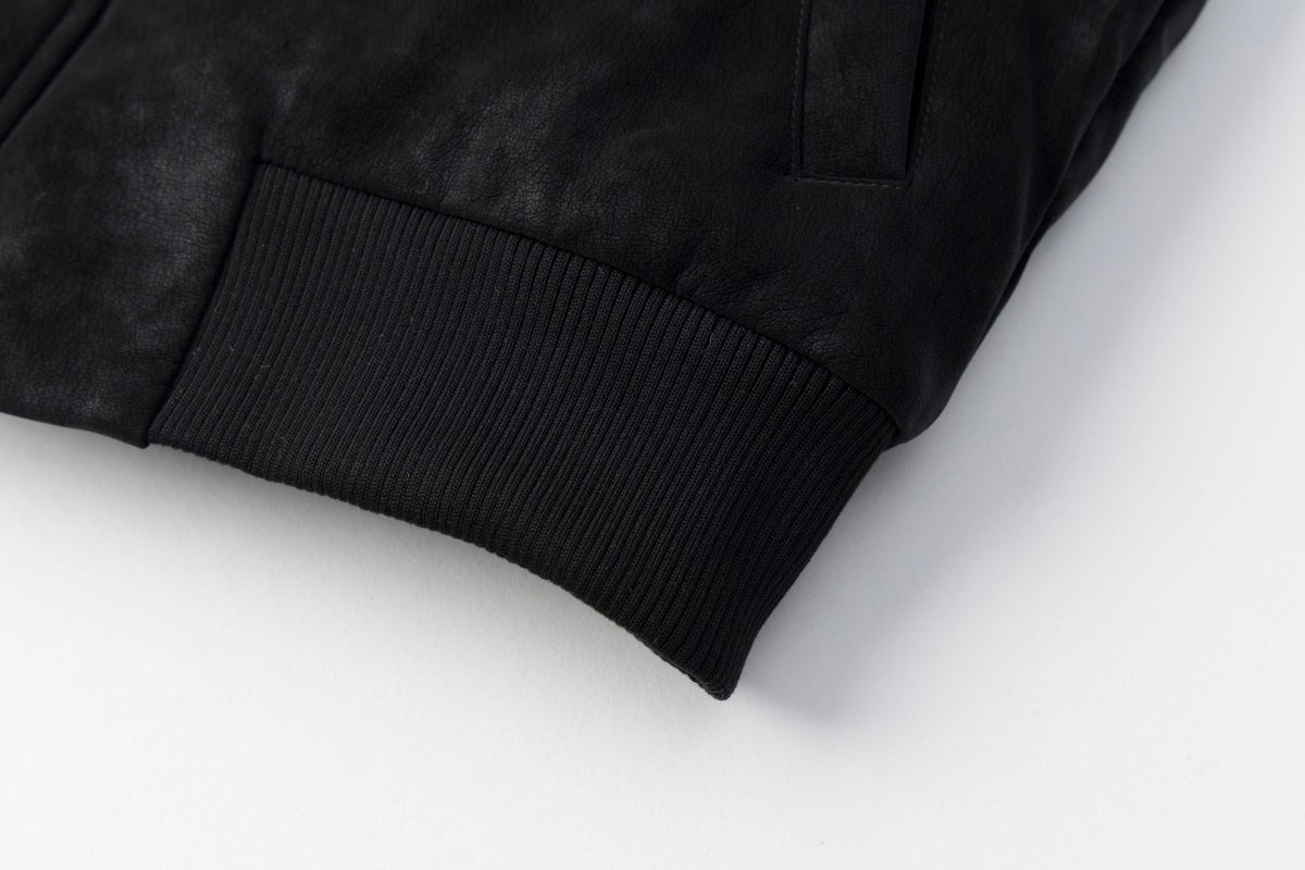 Fur Collar Bomber Jacket – Black Suede-Texture Padded Outerwear