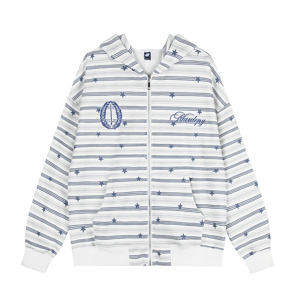 Hoodie zippé oversize rayé à motif étoiles avec écusson brodé, blanc et bleu marine, vue de face