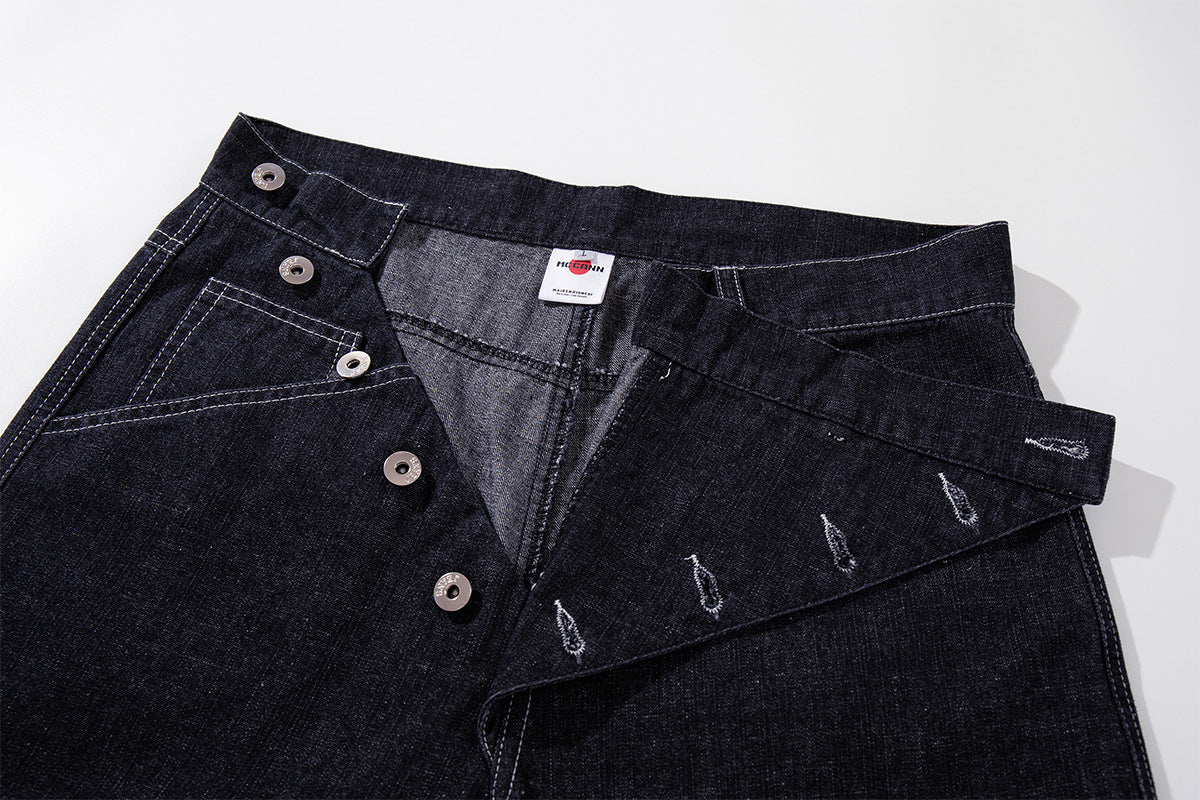 Vaqueros baggy de pierna ancha, lavado oscuro, bragueta diagonal de botones y denim crudo
