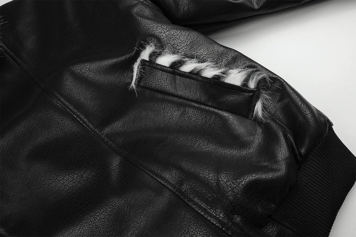 Black Faux Leather Bomber Jacket with Spotted Faux Fur Collar