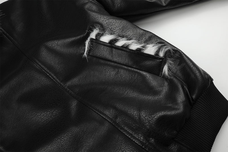 Black Faux Leather Bomber Jacket with Spotted Faux Fur Collar