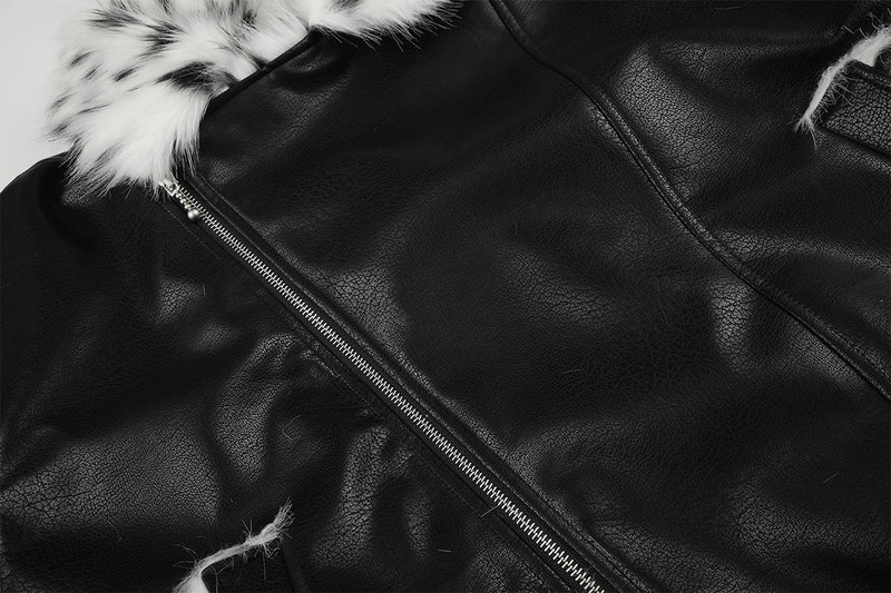 Black Faux Leather Bomber Jacket with Spotted Faux Fur Collar