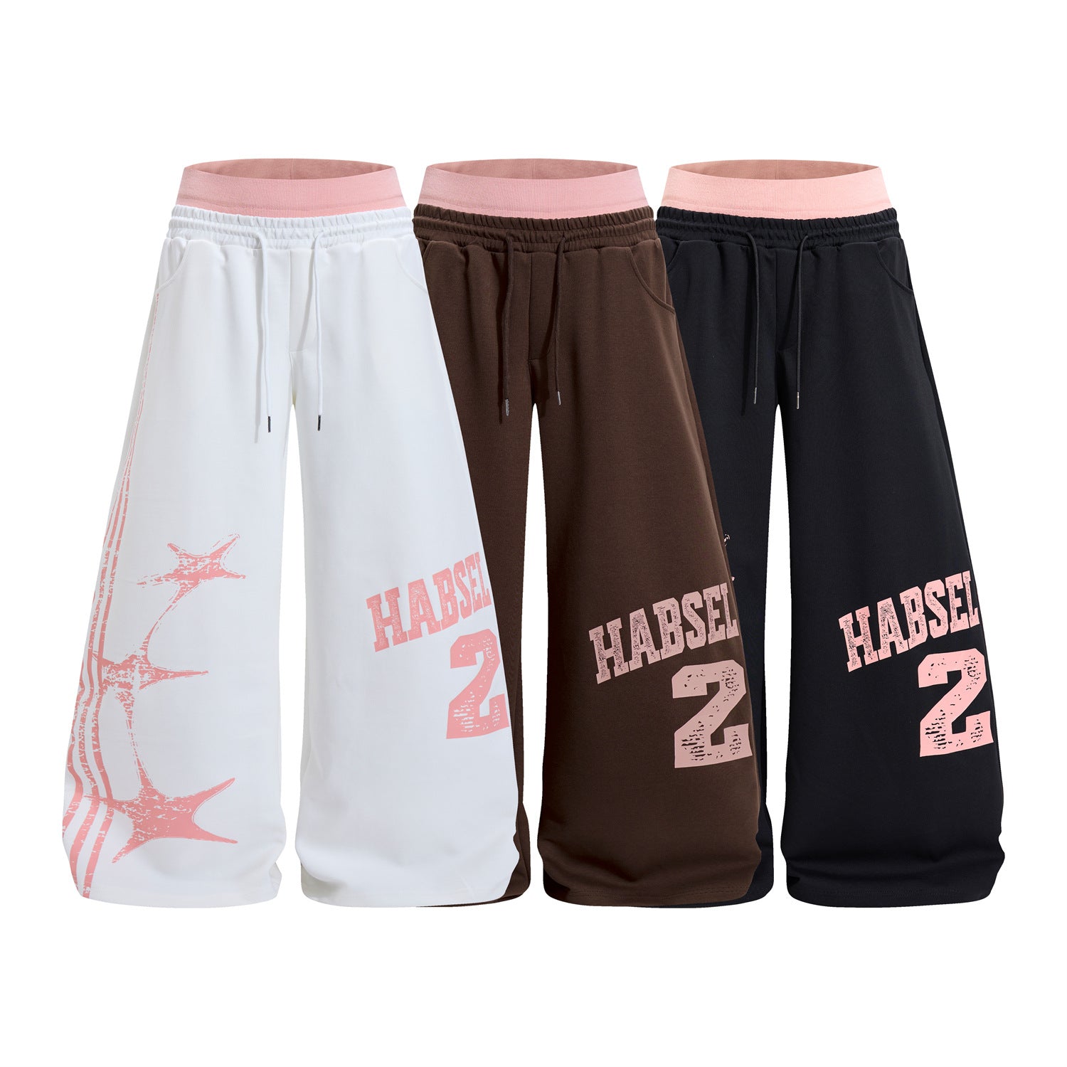 Pantalones de chándal de pierna ancha con estampado gráfico varsity y cintura rosa en contraste