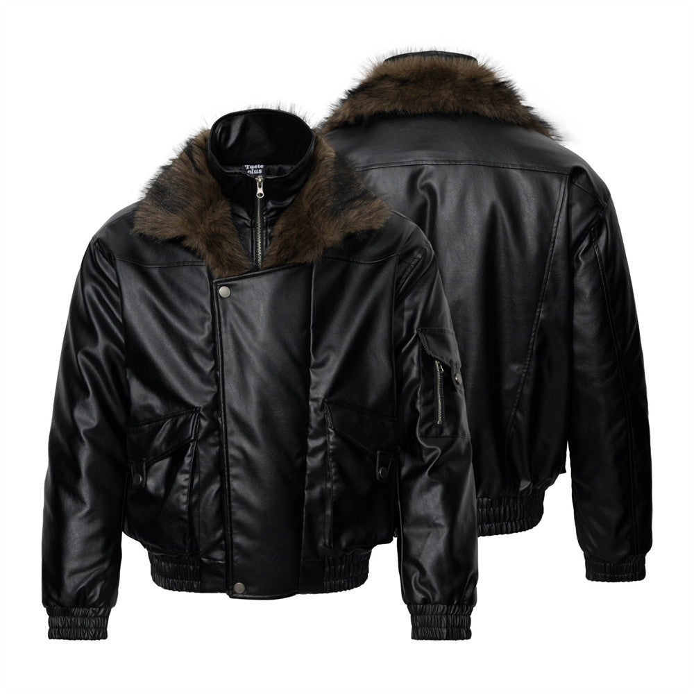 Men's Black PU Leather Bomber Jacket with Faux Fur Collar & Large Cargo Pockets