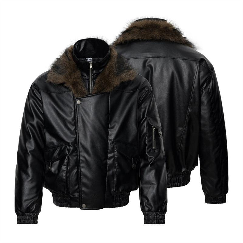 Men's Black PU Leather Bomber Jacket with Faux Fur Collar & Large Cargo Pockets