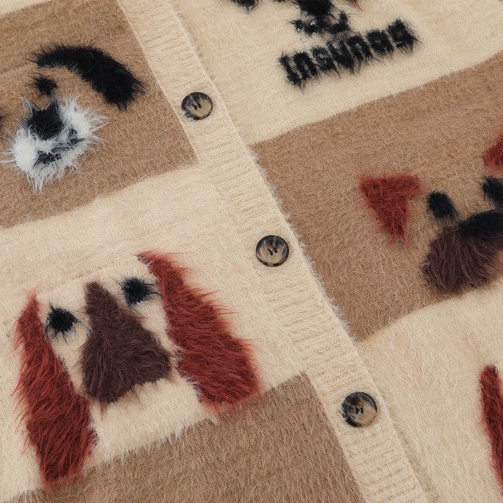 Cartoon Dog Fuzzy Knit Cardigan Sweater – Streetwear Button-Up