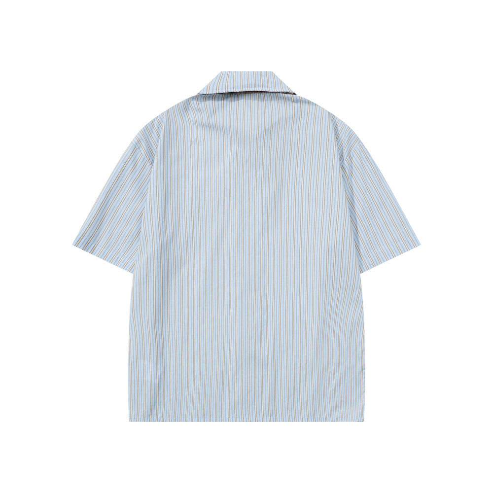 Striped Short Sleeve Shirt – Japanese Loose Fit with Necktie Detail