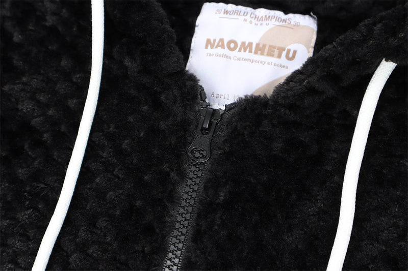 Sudadera con Capucha de Felpa Sherpa con Cremallera – Bordado de Letras Extragrande y Bajo con Cordón