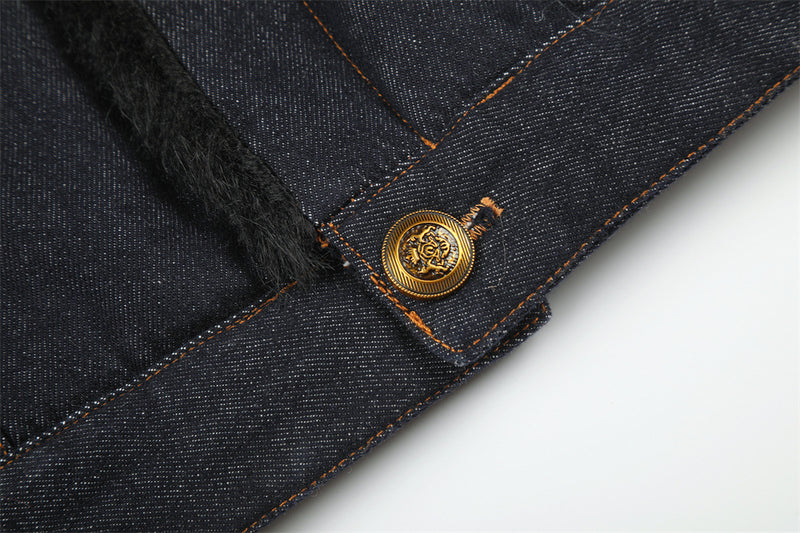 Dark Indigo Denim Jacket Men – Faux Fur Collar Sherpa-Lined Winter Trucker Coat