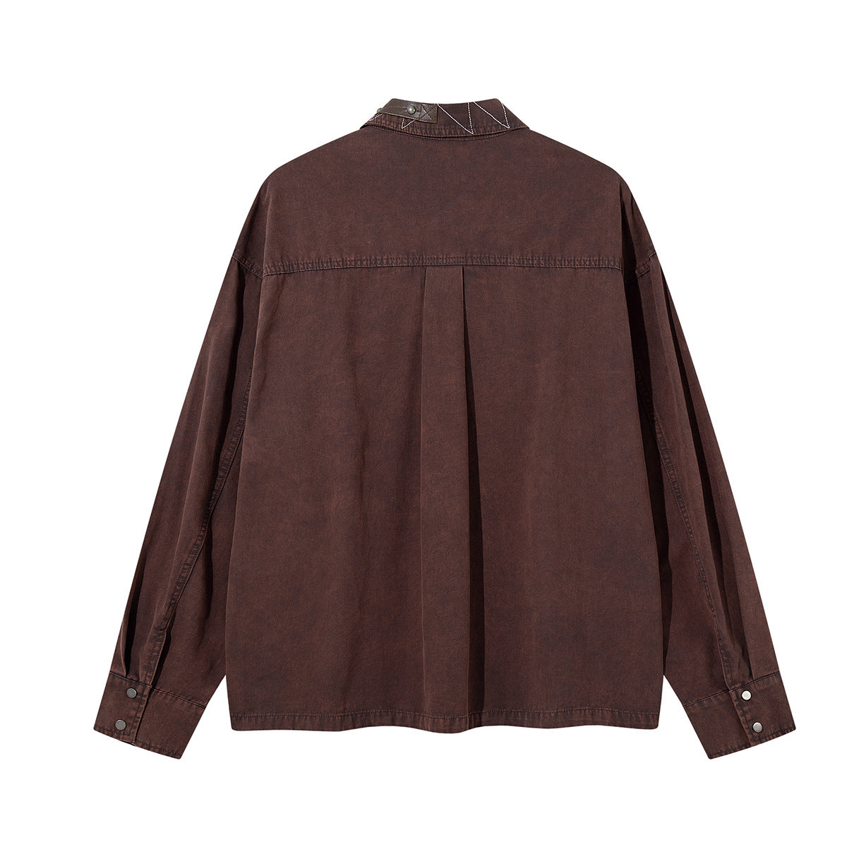 Washed Denim Shirt Jacket with Patchwork Pocket & Embroidered Collar