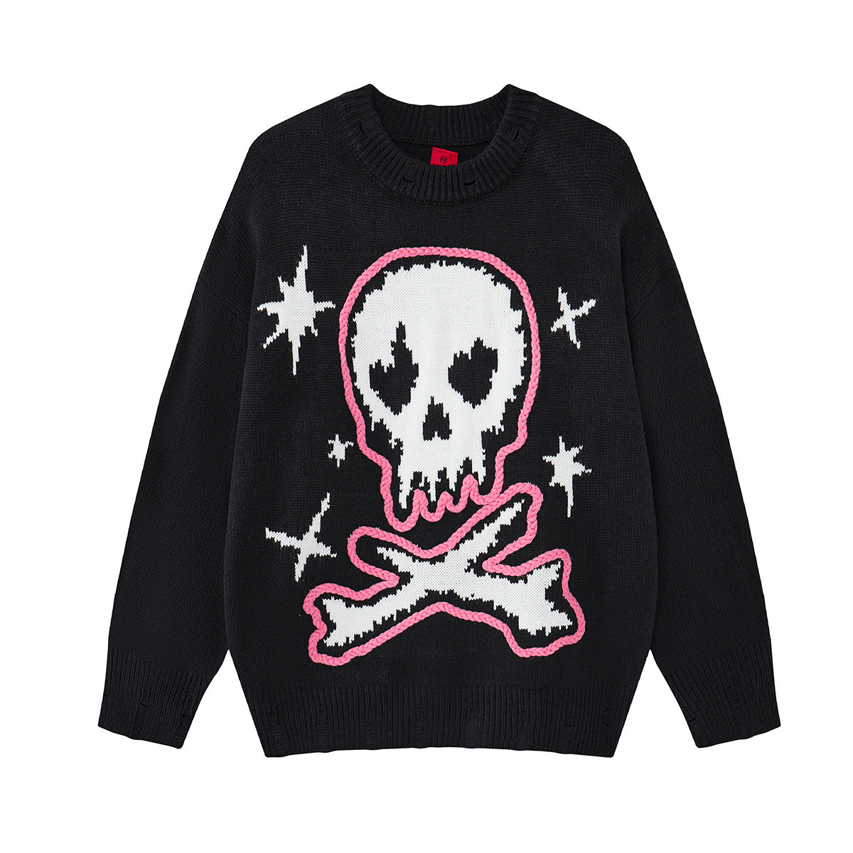 Pull oversize noir à col rond en maille, grand motif jacquard tête de mort et tibias croisés, contour brodé en corde rose
