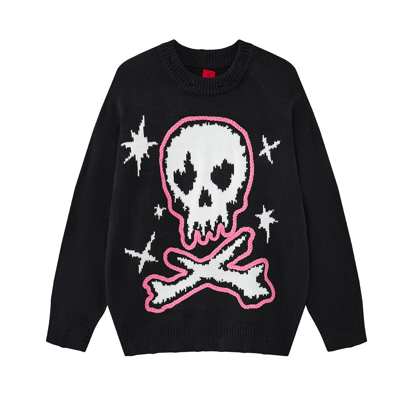 Pull oversize noir à col rond en maille, grand motif jacquard tête de mort et tibias croisés, contour brodé en corde rose