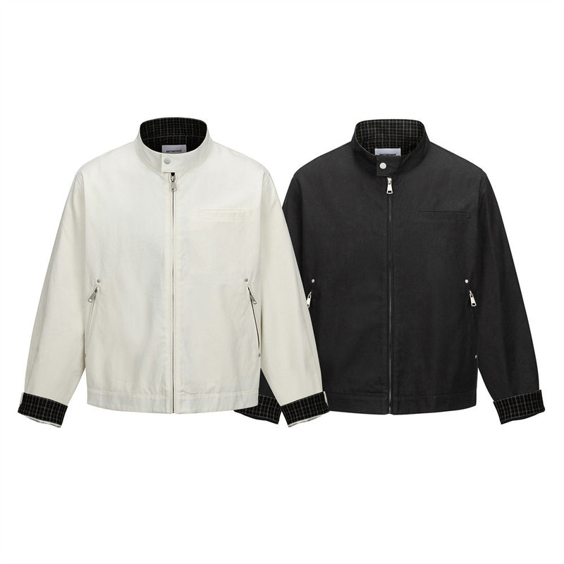 Men's Heavyweight Washed Cotton Harrington Jacket with Stand Collar & Zip