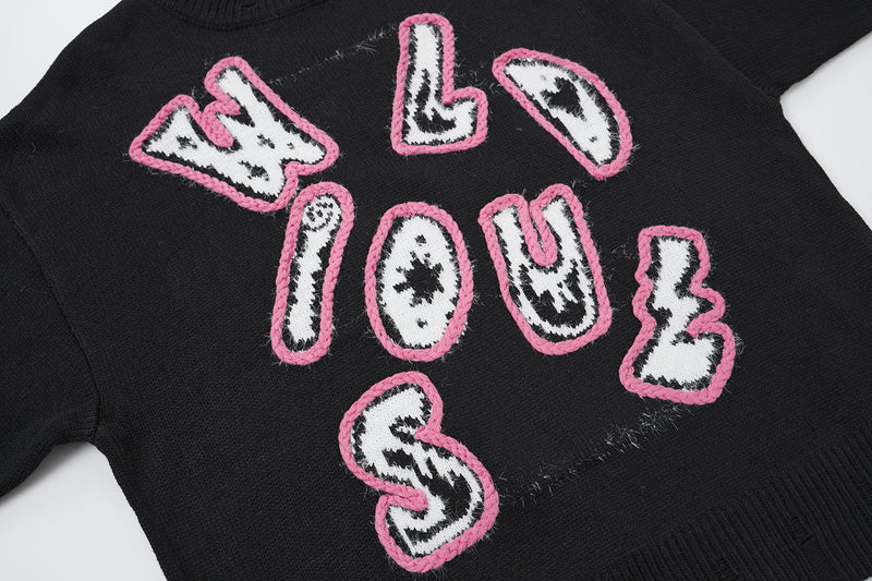 Pull en maille à lettres graffiti Wild Soul – Col rond oversize, style vintage américain