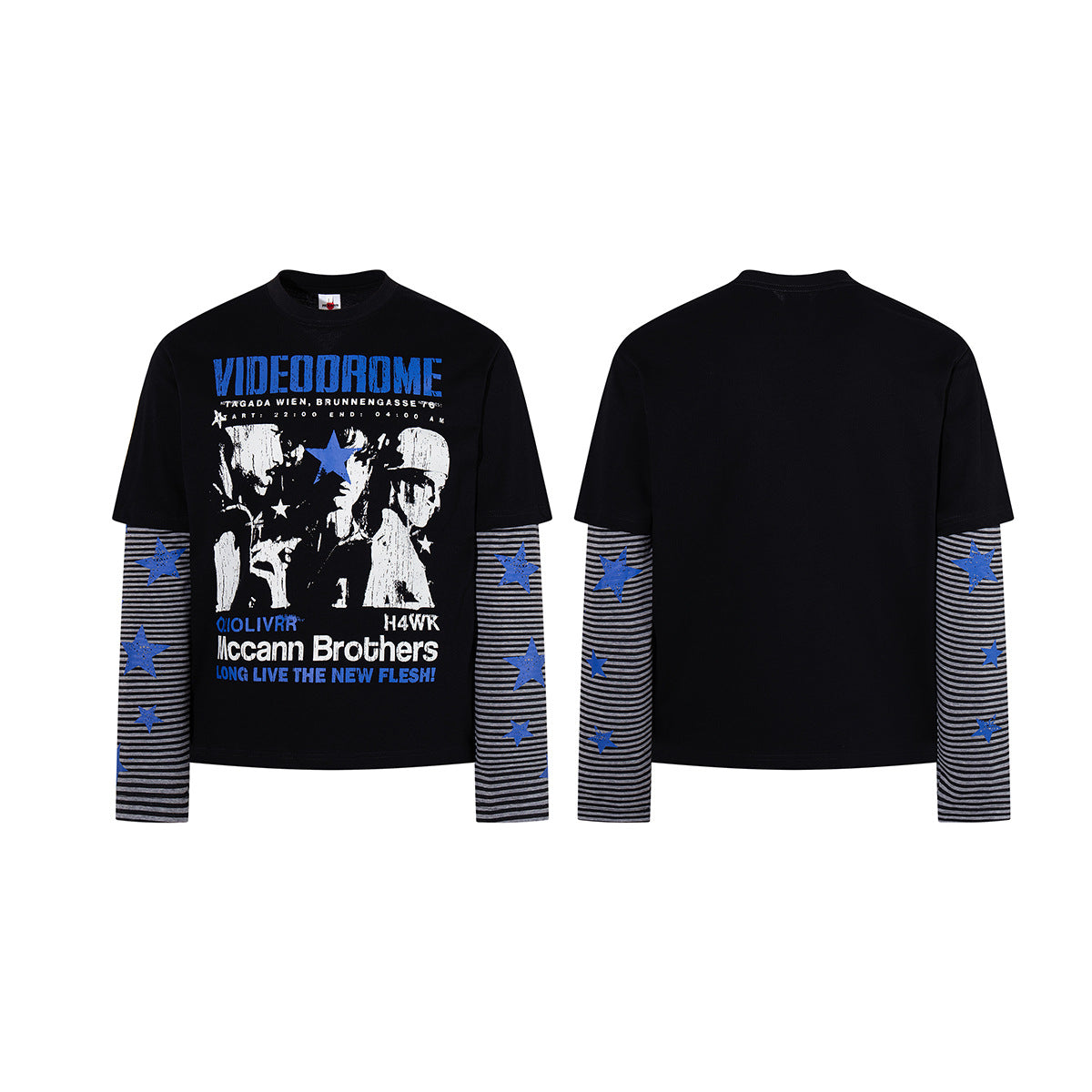 Long Sleeve Double-Layer Graphic Tee – Videodrome Rock Print with Striped Star