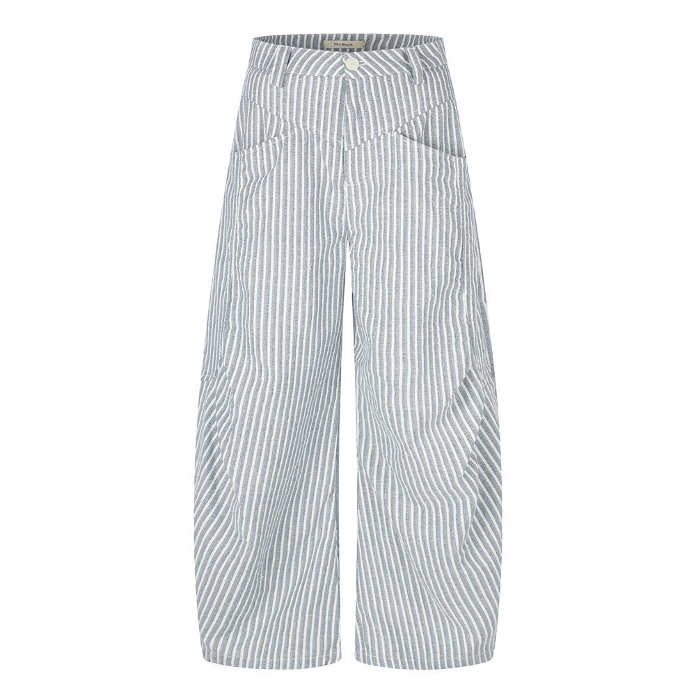 Wide-leg blue and white vertical stripe pants with curved arc front pocket design, front and back view