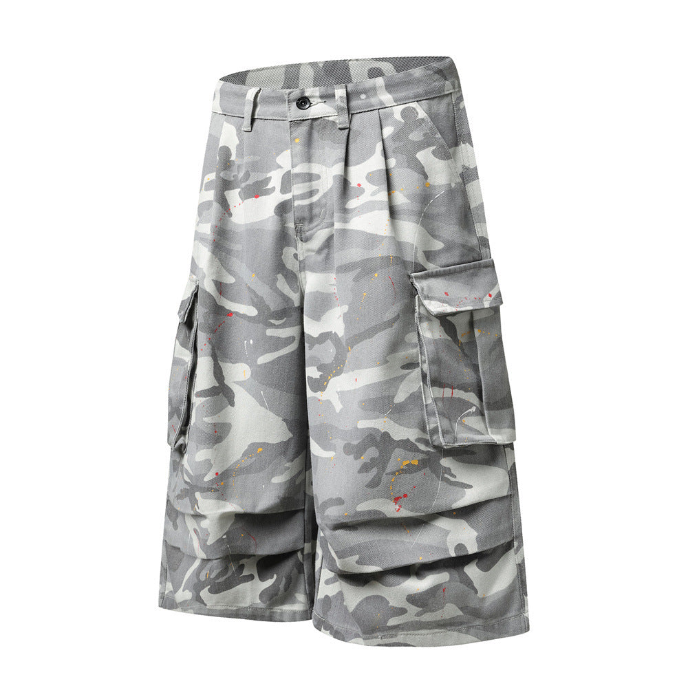 Camo Cargo Shorts – Paint Splatter Multi-Pocket Wide-Leg