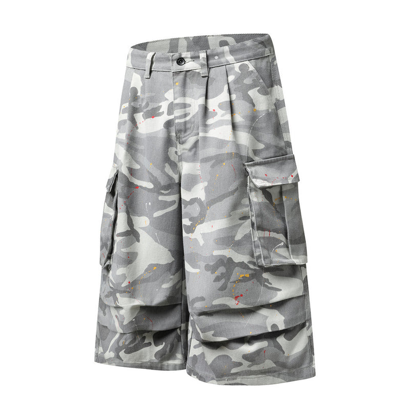 Camo Cargo Shorts – Paint Splatter Multi-Pocket Wide-Leg