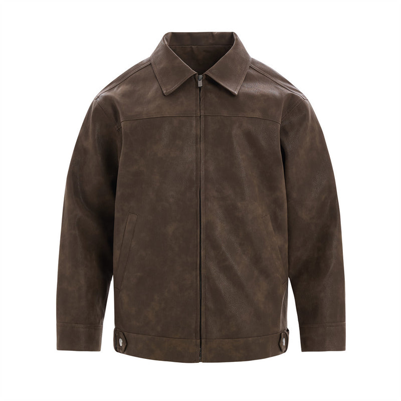Men's Vintage Distressed PU Leather Zip-Up Jacket – Relaxed Fit Retro Street
