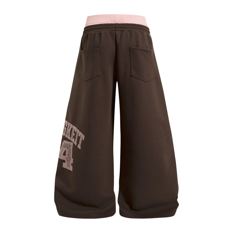 Pantalones de chándal de pierna ancha con estampado gráfico varsity y cintura rosa en contraste