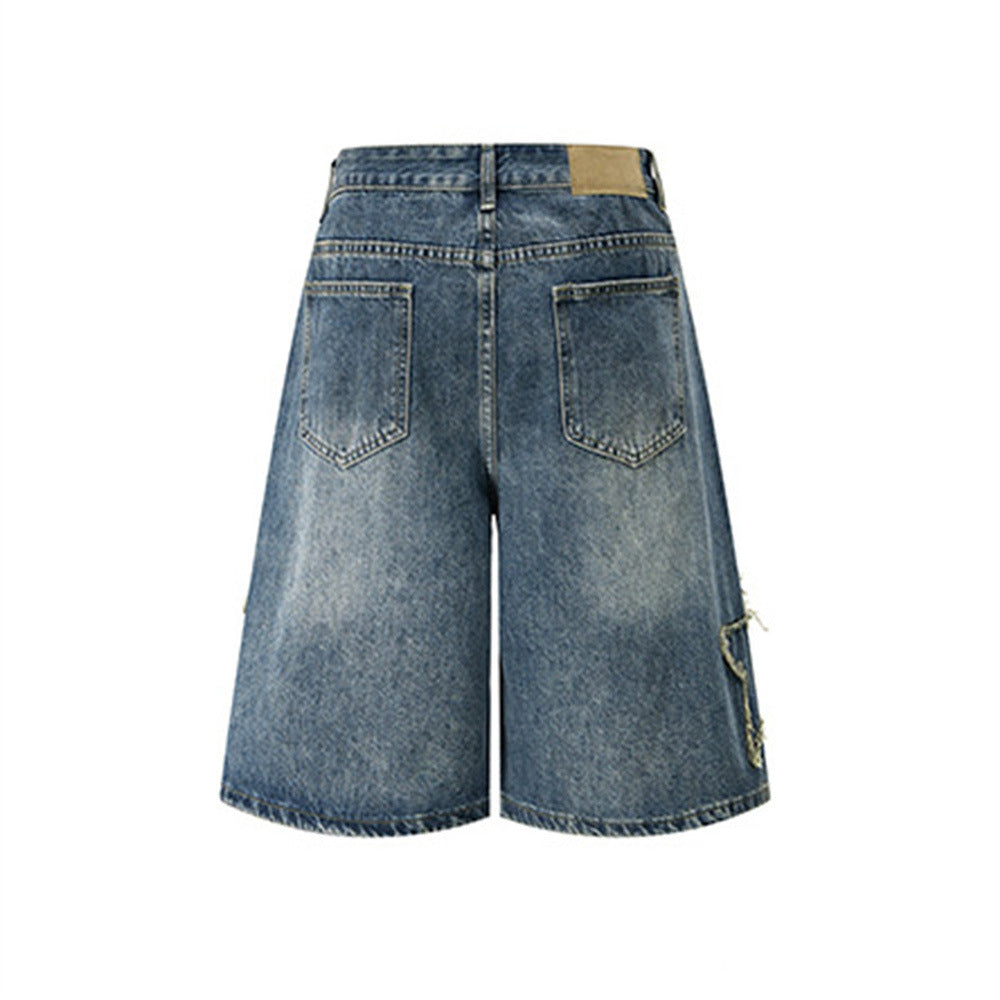 Men's Baggy Denim Shorts with Star Patch Detail, Washed Wide-Leg Five-Point Cut