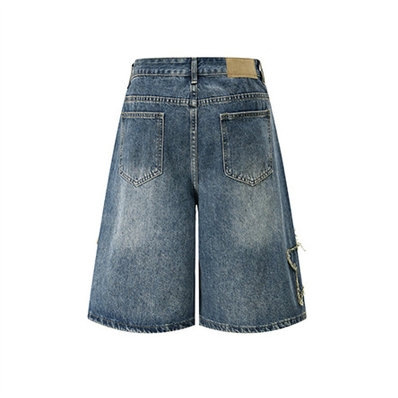 Men's Baggy Denim Shorts with Star Patch Detail, Washed Wide-Leg Five-Point Cut