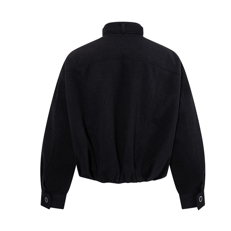 Oversized Wool-Blend Belted Bomber Jacket with Stand Collar