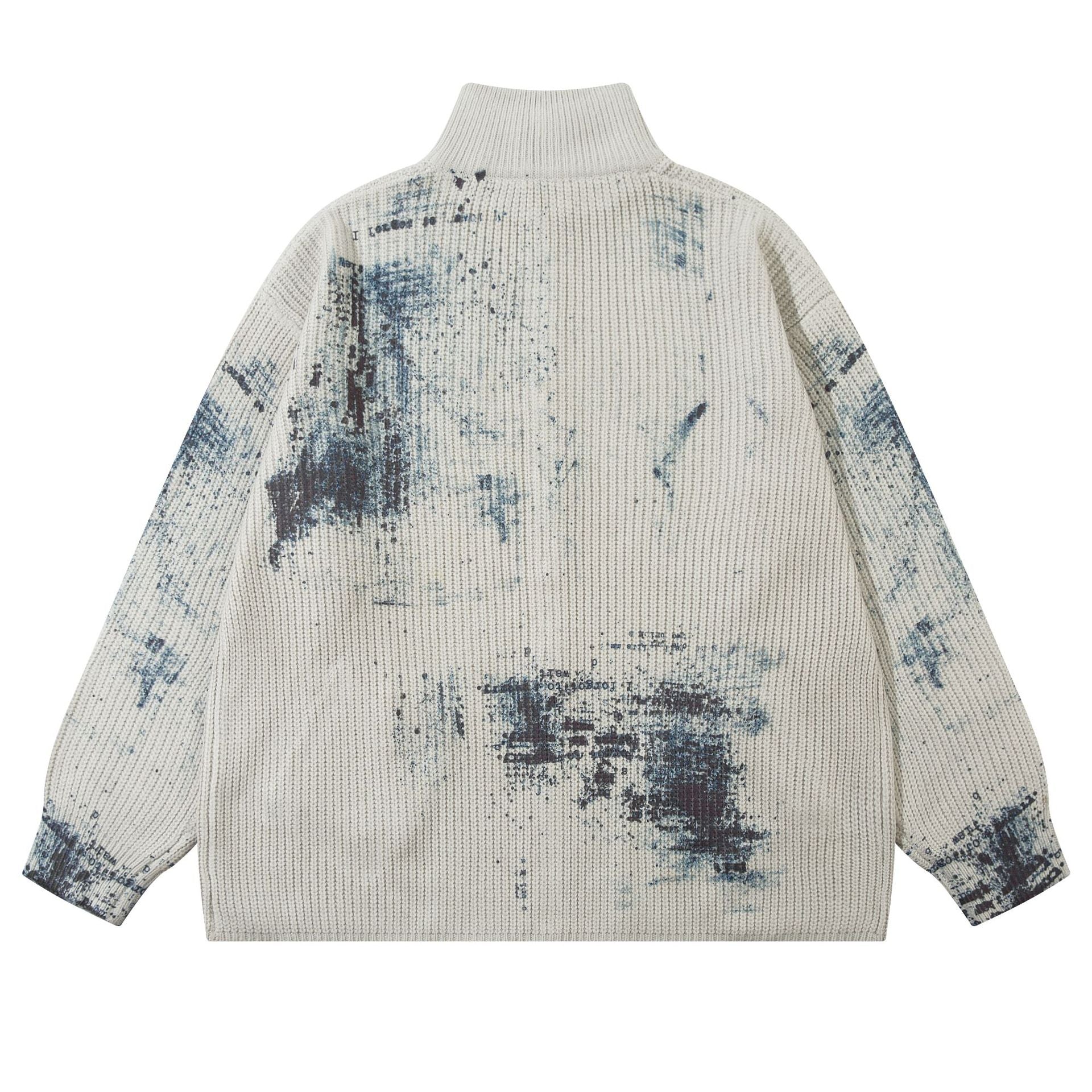 Veste pull zippée en maille imprimée ours graffiti – Col montant, éclaboussures d’encre, vintage