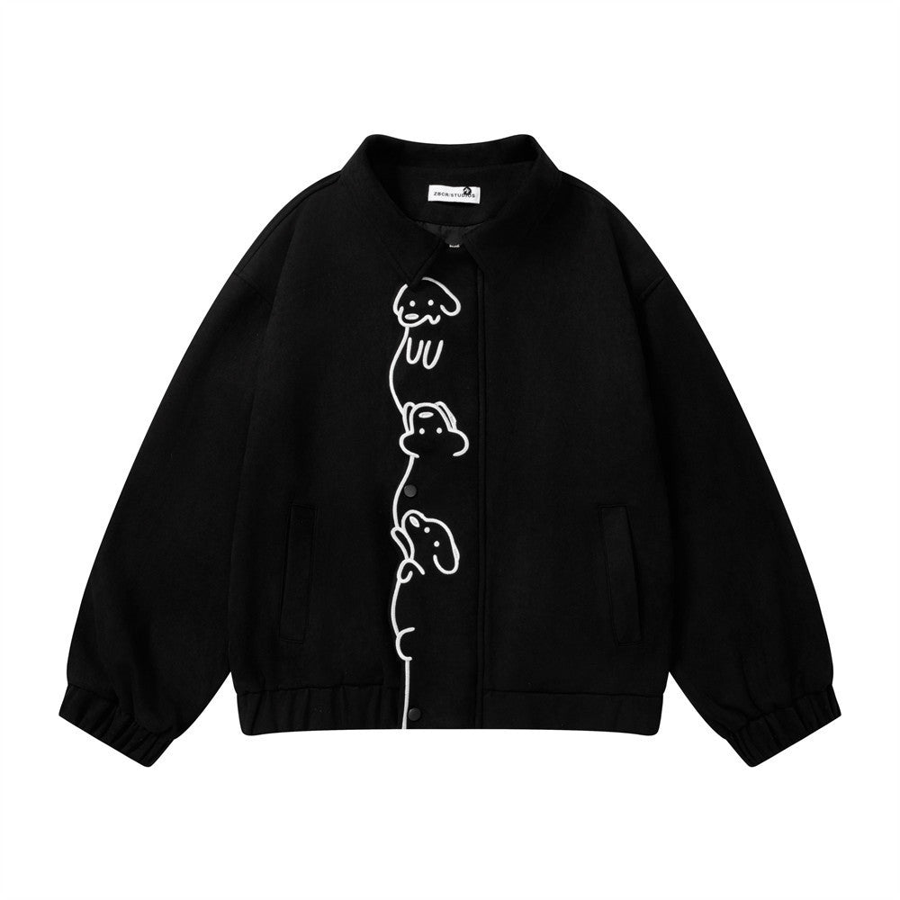Oversized Varsity-Bomberjacke mit Cartoon-Hund-Stickerei und Druckknöpfen in Schwarz, Vorderansicht