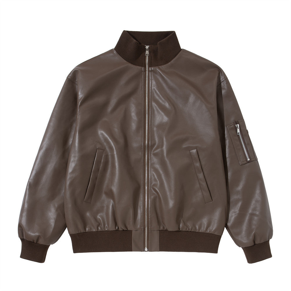Men's Stand Collar PU Leather Bomber Jacket – Oversized Flight Jacket