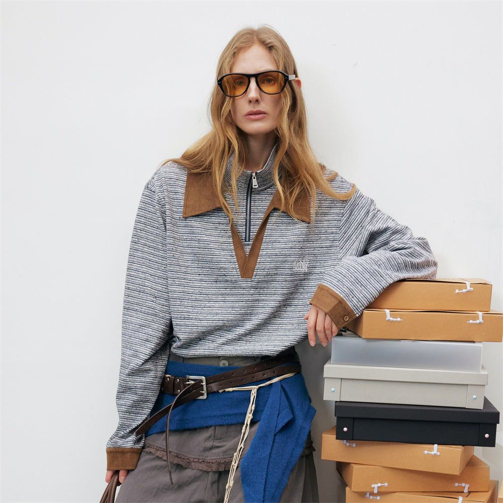 Striped Half-Zip Polo Sweatshirt with Suede Collar & Cuffs