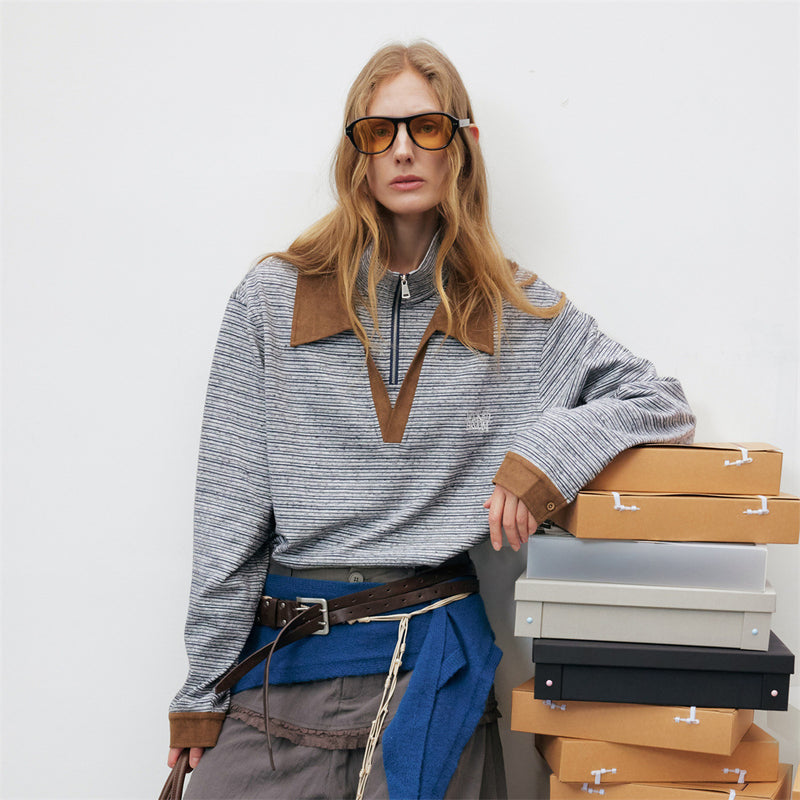 Striped Half-Zip Polo Sweatshirt with Suede Collar & Cuffs