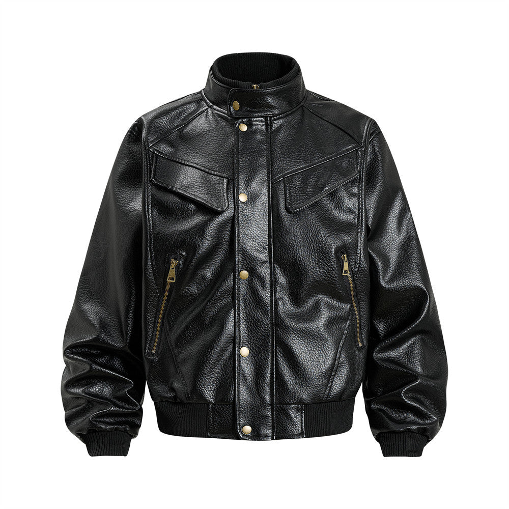 Men's oversized PU leather bomber jacket with stand collar, snap buttons, dual chest flap pockets, and antique brass hardware