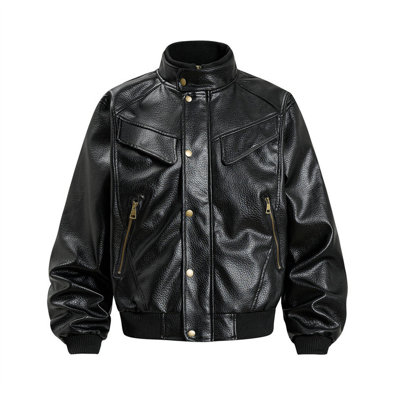 Men's oversized PU leather bomber jacket with stand collar, snap buttons, dual chest flap pockets, and antique brass hardware